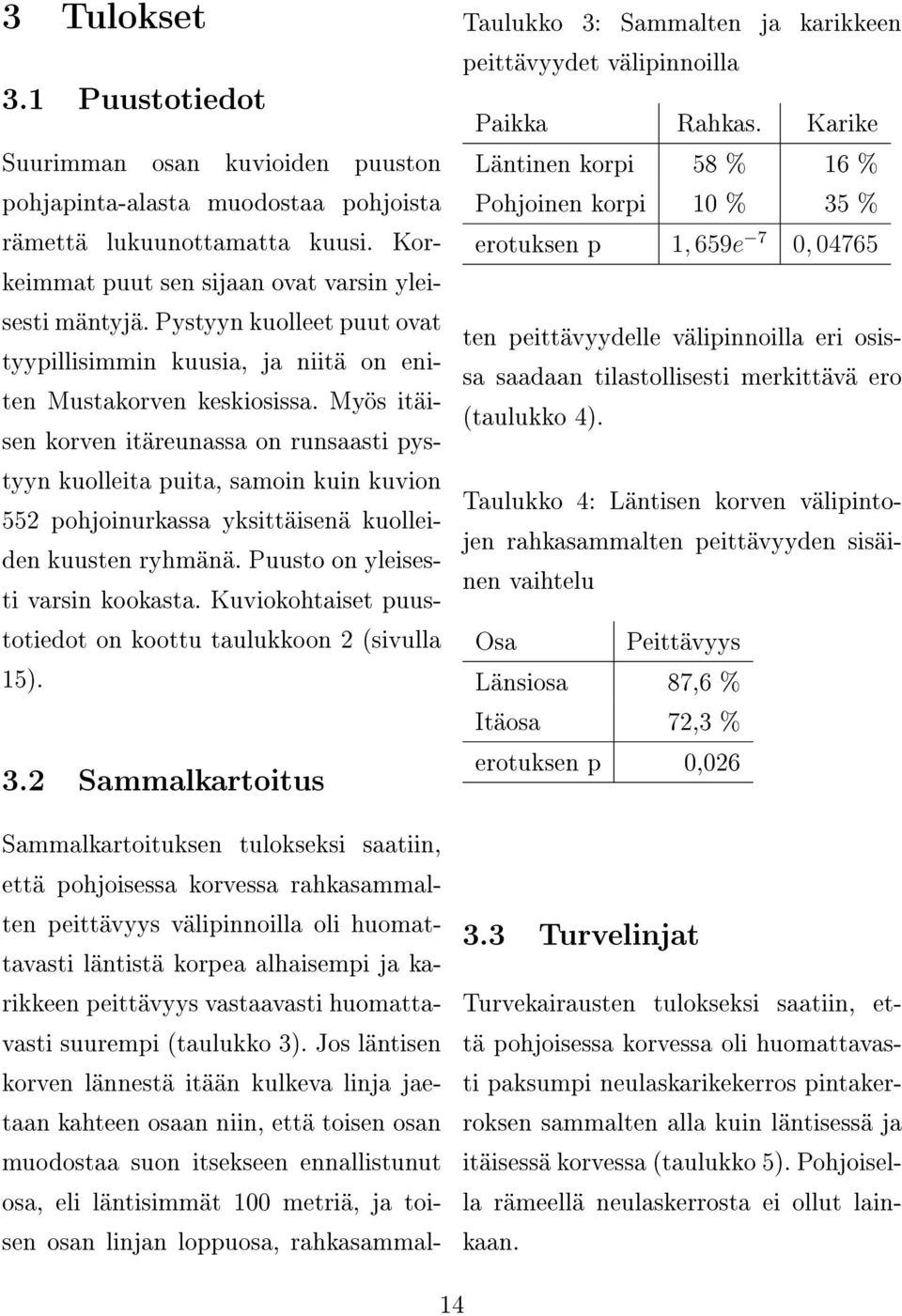 Myös itäisen korven itäreunassa on runsaasti pystyyn kuolleita puita, samoin kuin kuvion 552 pohjoinurkassa yksittäisenä kuolleiden kuusten ryhmänä. Puusto on yleisesti varsin kookasta.