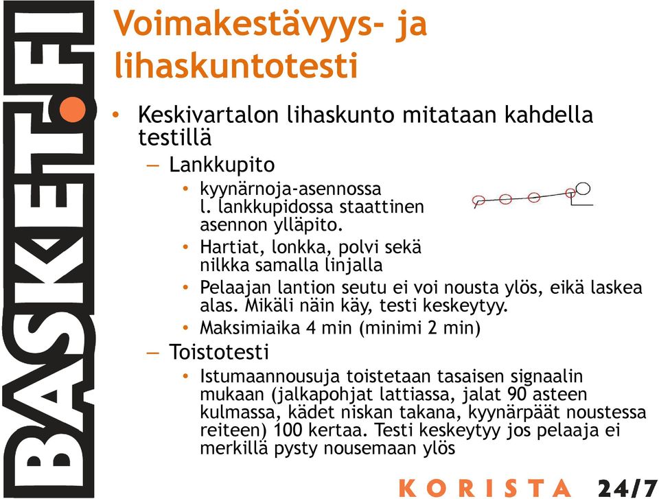 Hartiat, lonkka, polvi sekä nilkka samalla linjalla Pelaajan lantion seutu ei voi nousta ylös, eikä laskea alas. Mikäli näin käy, testi keskeytyy.