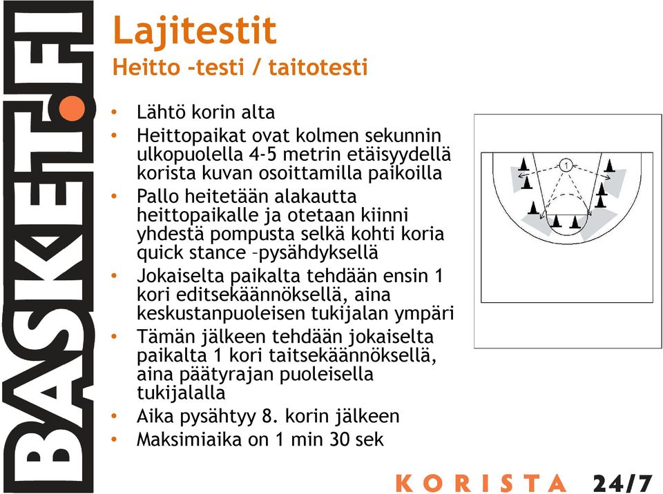 pysähdyksellä Jokaiselta paikalta tehdään ensin 1 kori editsekäännöksellä, aina keskustanpuoleisen tukijalan ympäri Tämän jälkeen tehdään