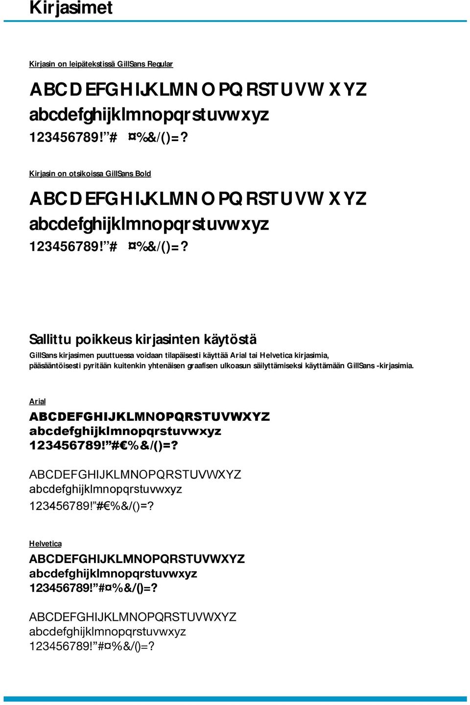 tilapäisesti käyttää Arial tai Helvetica kirjasimia, pääsääntöisesti pyritään kuitenkin