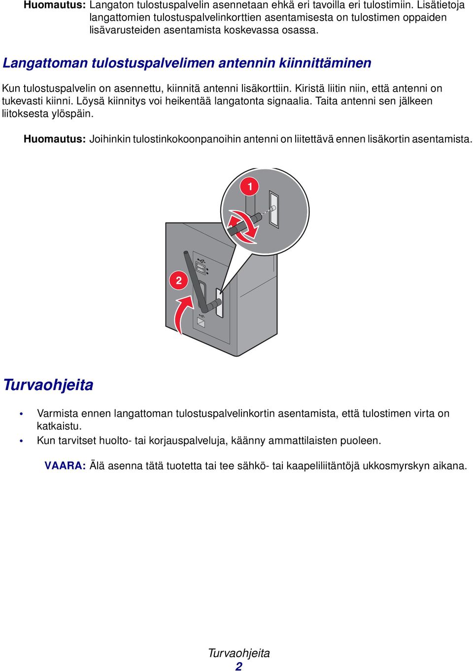 Langattoman tulostuspalvelimen antennin kiinnittäminen Kun tulostuspalvelin on asennettu, kiinnitä antenni lisäkorttiin. Kiristä liitin niin, että antenni on tukevasti kiinni.