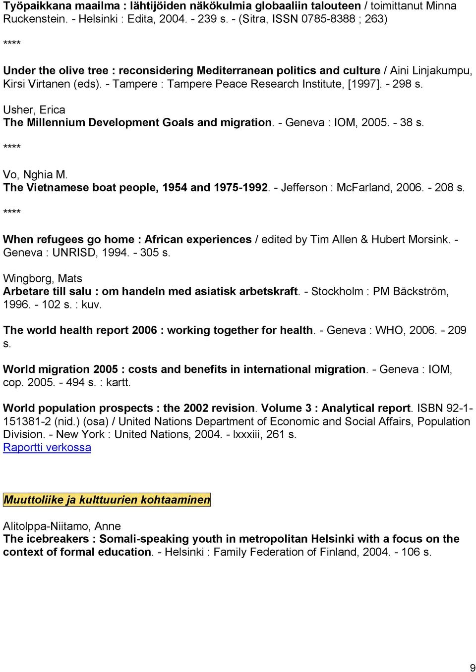 298 s. Usher, Erica The Millennium Development Goals and migration. Geneva : IOM, 2005. 38 s. Vo, Nghia M. The Vietnamese boat people, 1954 and 1975 1992. Jefferson : McFarland, 2006. 208 s.