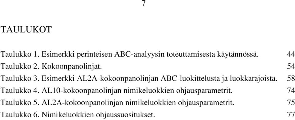 Esimerkki AL2A-kokoonpanolinjan ABC-luokittelusta ja luokkarajoista. 58 Taulukko 4.