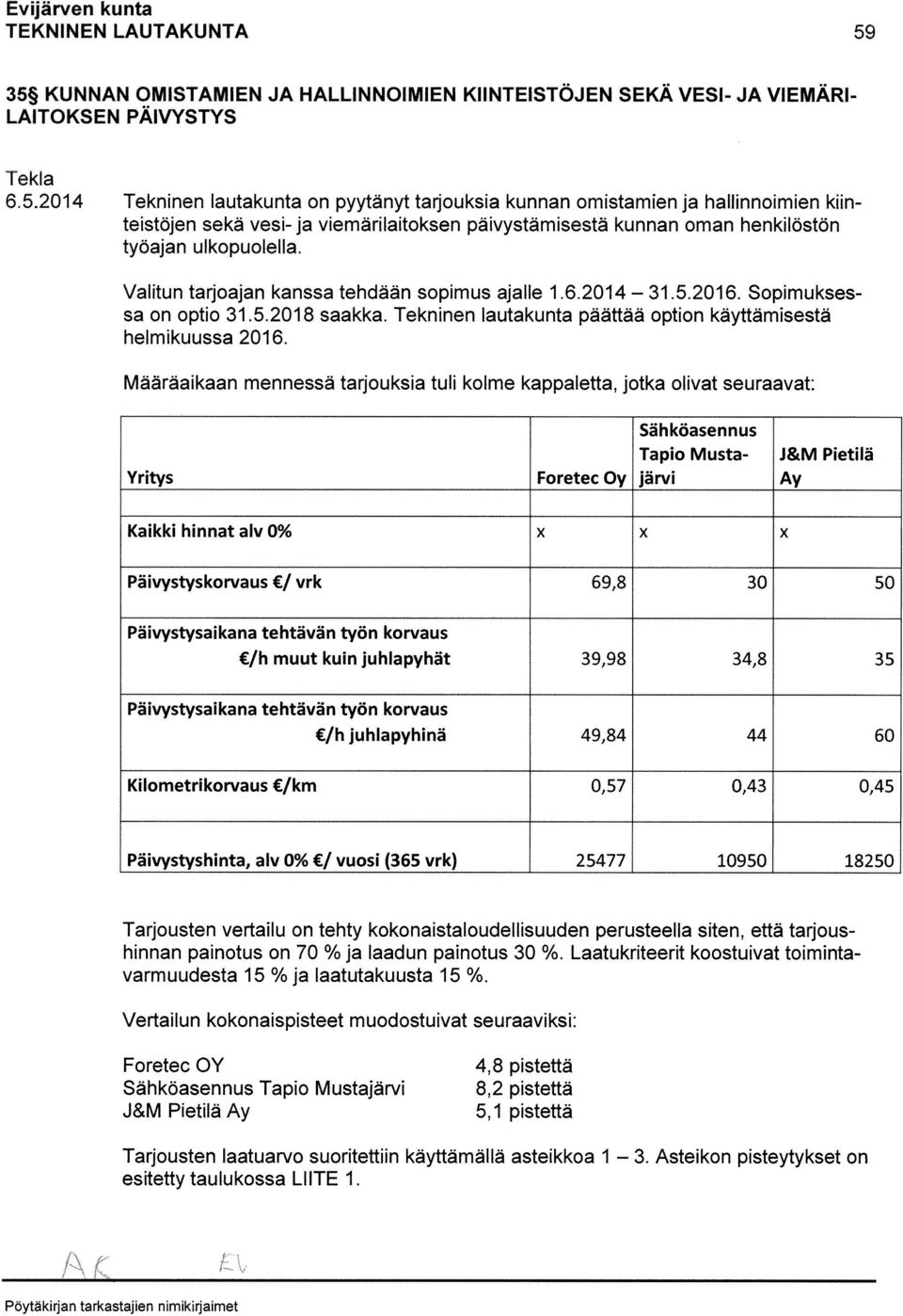 Valitun tarjoajan kanssa tehdään sopimus ajalle 1.6.2014 31.5.2016. Sopimukses sa on optio 31.5.2018 saakka. Tekninen lautakunta päättää option käyttämisestä helmikuussa 2016.