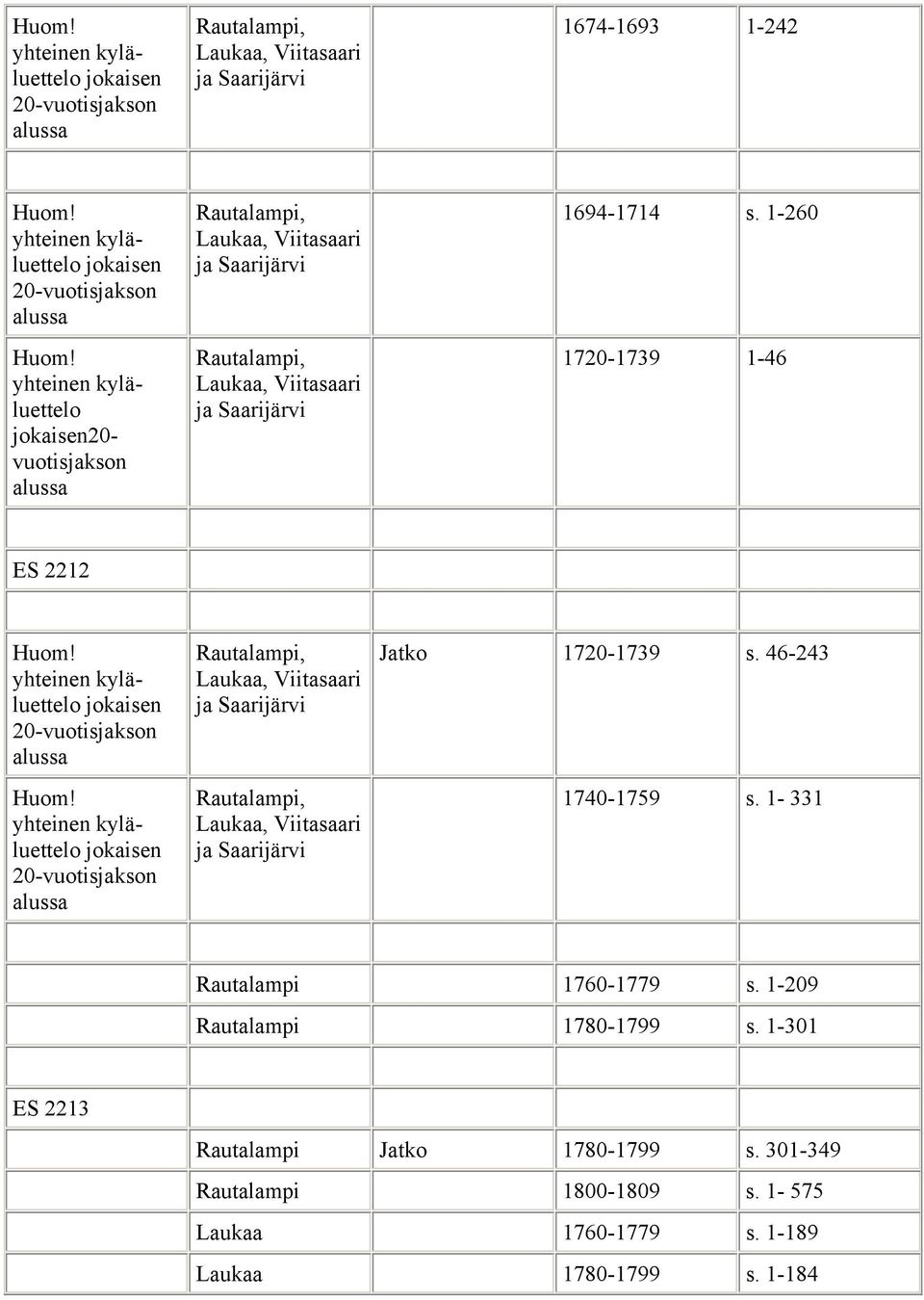 1-331 Rautalampi 1760-1779 s. 1-209 Rautalampi 1780-1799 s.