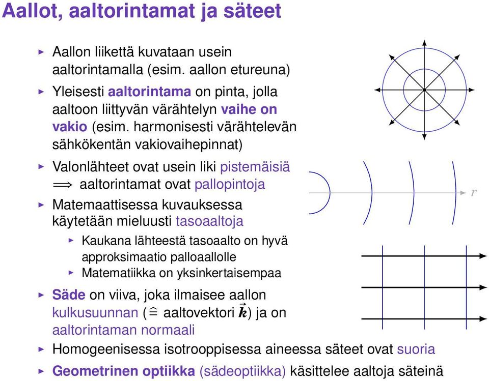 harmonisesti värähtelevän sähkökentän vakiovaihepinnat) Valonlähteet ovat usein liki pistemäisiä = aaltorintamat ovat pallopintoja Matemaattisessa kuvauksessa käytetään