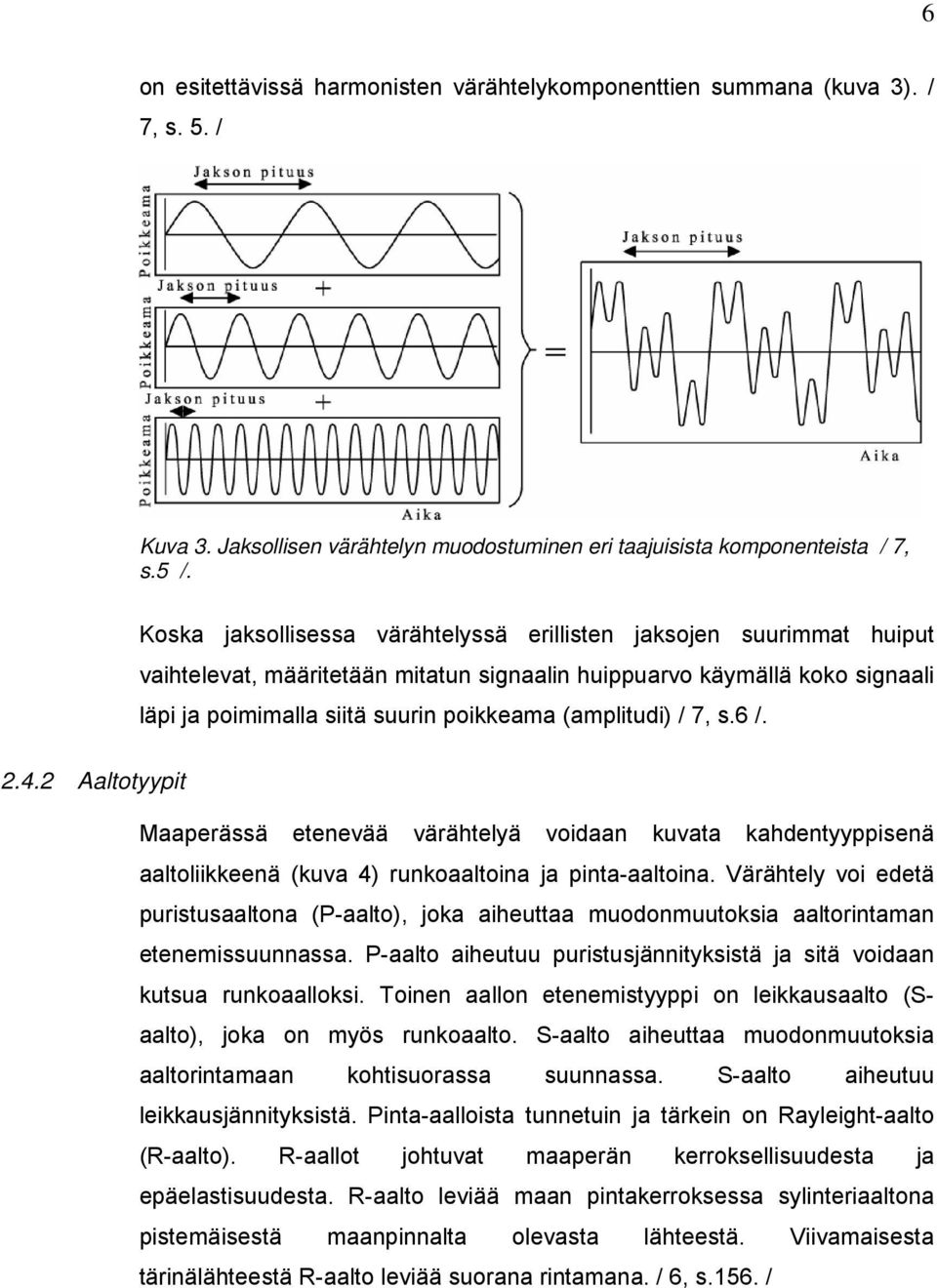 (amplitudi) / 7, s.6 /. 2.4.2 Aaltotyypit Maaperässä etenevää värähtelyä voidaan kuvata kahdentyyppisenä aaltoliikkeenä (kuva 4) runkoaaltoina ja pinta-aaltoina.