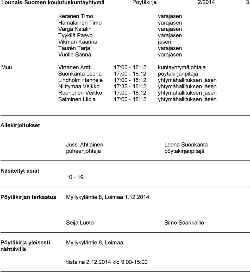 Ruohonen Veikko 17:00-18:12 yhtymähallituksen jäsen Salminen Liidia 17:00-18:12 yhtymähallituksen jäsen Allekirjoitukset Jussi Ahtiainen puheenjohtaja Leena Suonkanta pöytäkirjanpitäjä