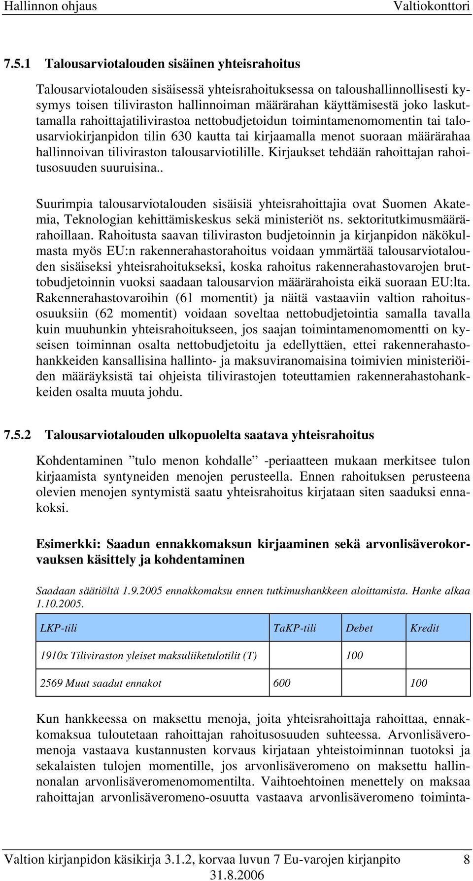 talousarviotilille. Kirjaukset tehdään rahoittajan rahoitusosuuden suuruisina.