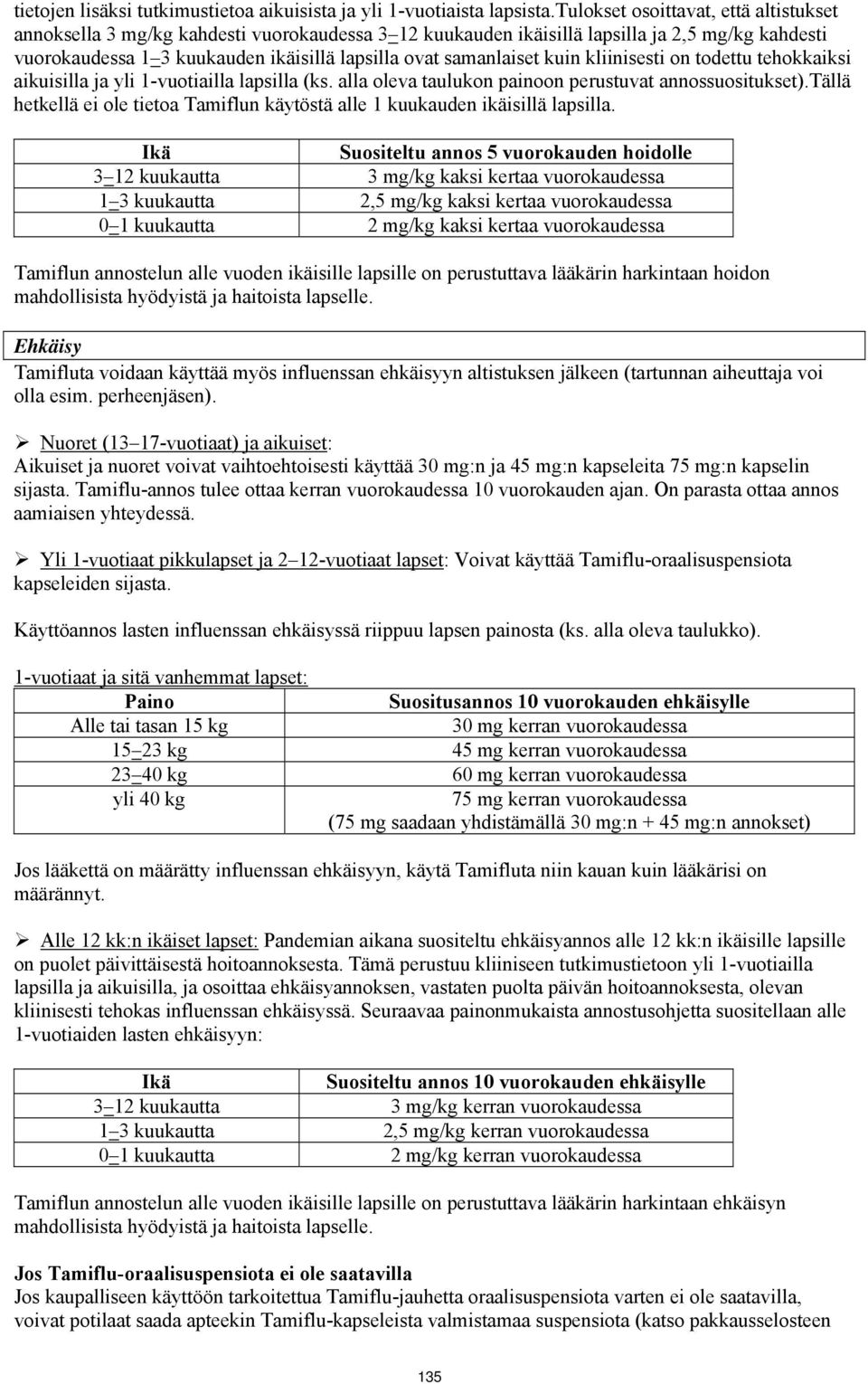 kuin kliinisesti on todettu tehokkaiksi aikuisilla ja yli 1-vuotiailla lapsilla (ks. alla oleva taulukon painoon perustuvat annossuositukset).