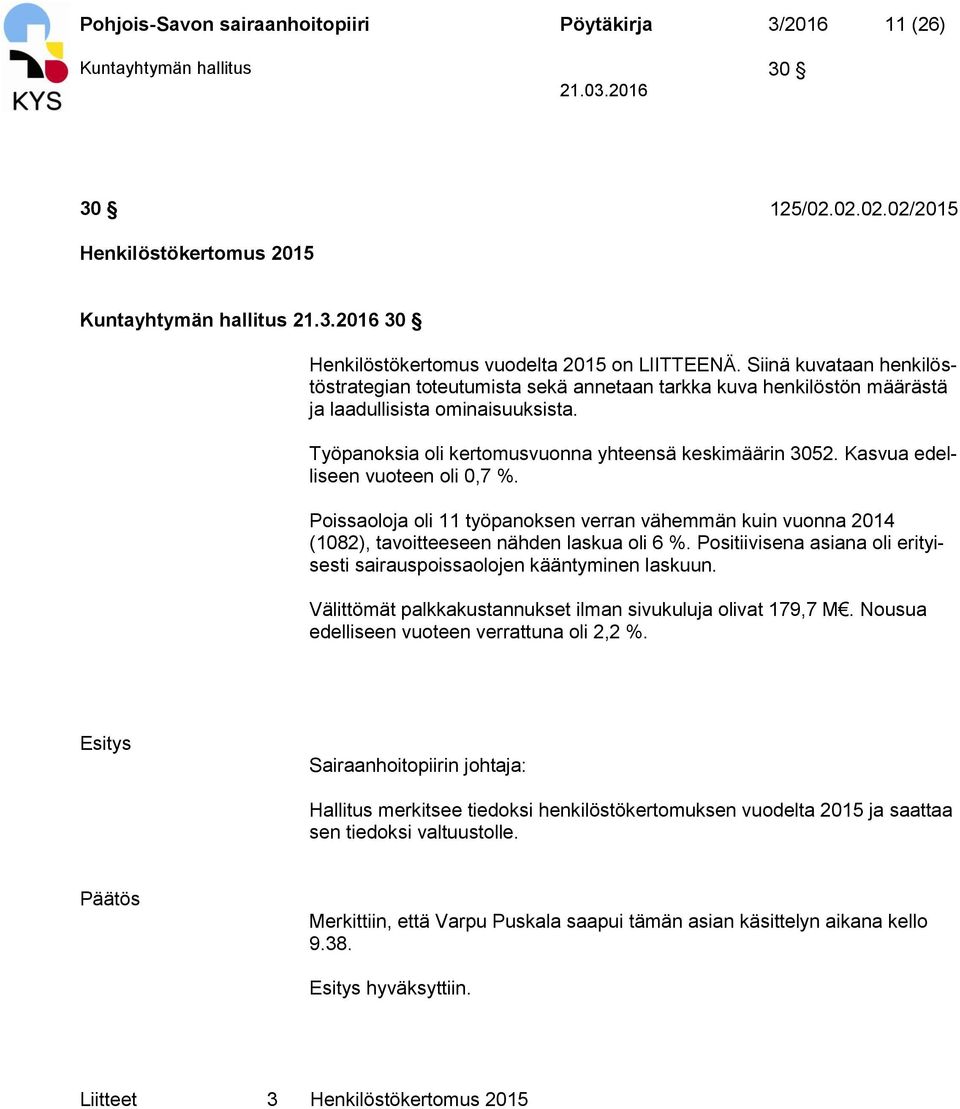 Kasvua edelliseen vuoteen oli 0,7 %. Poissaoloja oli 11 työpanoksen verran vähemmän kuin vuonna 2014 (1082), tavoitteeseen nähden laskua oli 6 %.