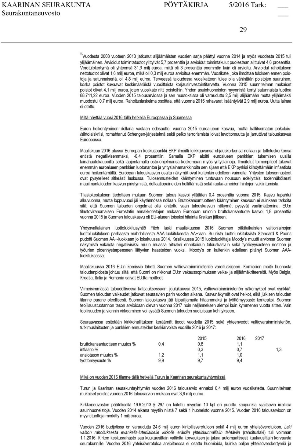 Verotulokertymä oli yhteensä 31,3 milj euroa, mikä oli 3 prosenttia enemmän kuin oli arvioitu. Arvioidut rahoituksen nettotuotot olivat 1,6 milj euroa, mikä oli 0,3 milj euroa arvioitua enemmän.