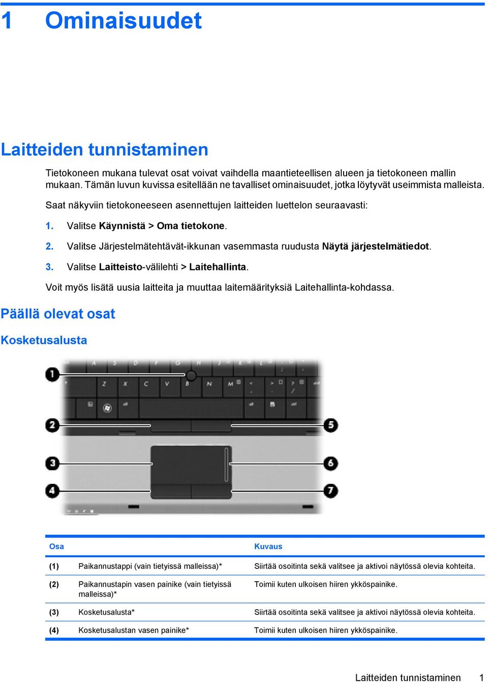 Valitse Käynnistä > Oma tietokone. 2. Valitse Järjestelmätehtävät-ikkunan vasemmasta ruudusta Näytä järjestelmätiedot. 3. Valitse Laitteisto-välilehti > Laitehallinta.