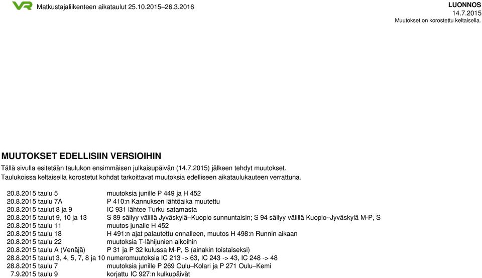 8.2015 taulut 8 ja 9 IC 931 lähtee Turku satamasta 20.8.2015 taulut 9, 10 ja 13 S 89 säilyy välillä Jyväskylä Kuopio sunnuntaisin; S 94 säilyy välillä Kuopio Jyväskylä M-P, S 20.8.2015 taulu 11 muutos junalle H 452 20.