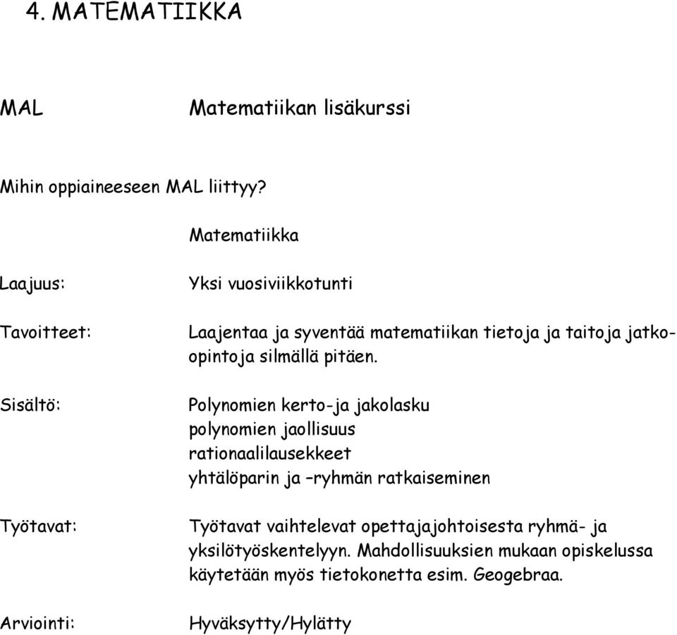 Polynomien kerto-ja jakolasku polynomien jaollisuus rationaalilausekkeet yhtälöparin ja ryhmän ratkaiseminen Työtavat