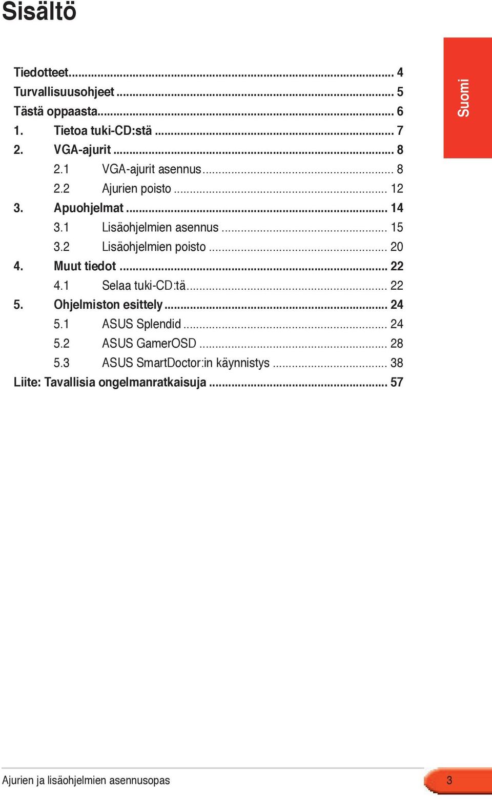 2 Lisäohjelmien poisto... 20 4. Muut tiedot... 22 4.1 Selaa tuki-cd:tä... 22 5. Ohjelmiston esittely... 24 5.1 ASUS Splendid.
