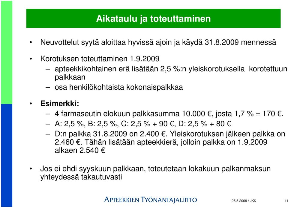 2009 apteekkikohtainen erä lisätään 2,5 %:n yleiskorotuksella korotettuun palkkaan osa henkilökohtaista kokonaispalkkaa Esimerkki: 4 farmaseutin elokuun