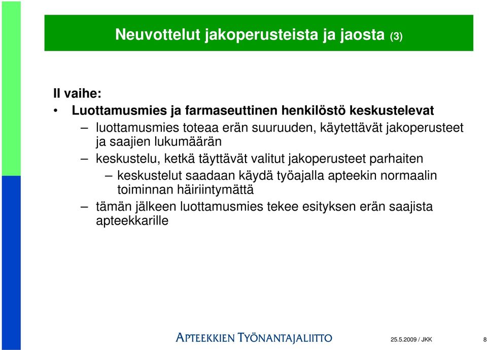 keskustelu, ketkä täyttävät valitut jakoperusteet parhaiten keskustelut saadaan käydä työajalla apteekin