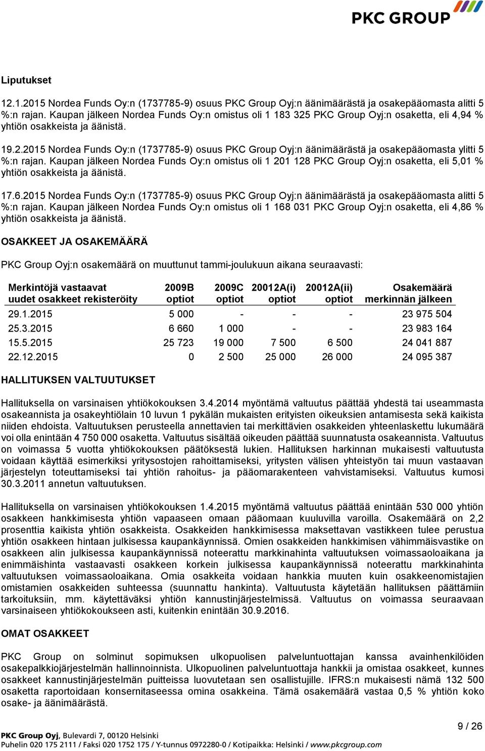 Kaupan jälkeen Nordea Funds Oy:n omistus oli 1 201 128 PKC Group Oyj:n osaketta, eli 5,01 % yhtiön osakkeista ja äänistä. 17.6.