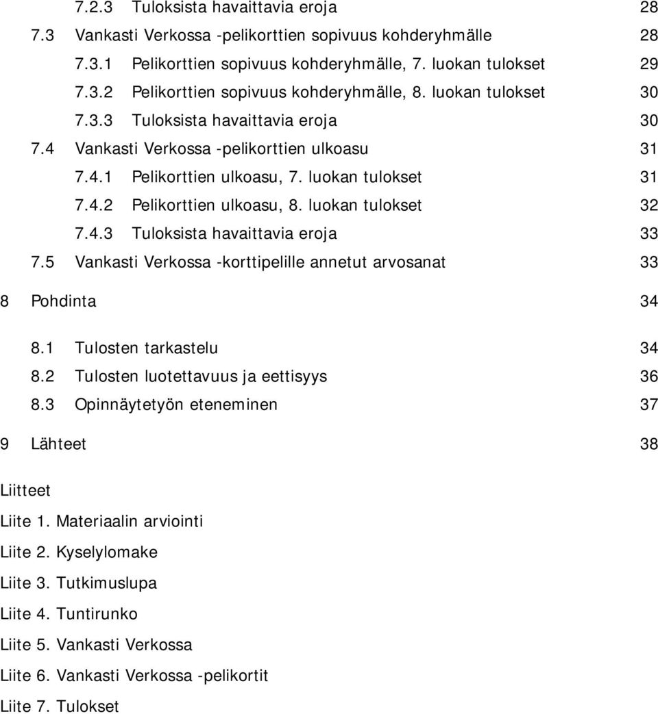 luokan tulokset 32 7.4.3 Tuloksista havaittavia eroja 33 7.5 Vankasti Verkossa -korttipelille annetut arvosanat 33 8 Pohdinta 34 8.1 Tulosten tarkastelu 34 8.2 Tulosten luotettavuus ja eettisyys 36 8.