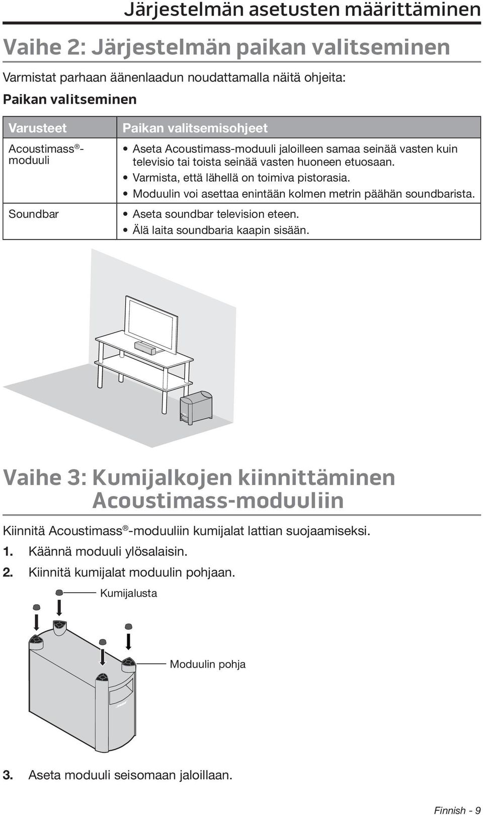 Moduulin voi asettaa enintään kolmen metrin päähän soundbarista. Aseta soundbar television eteen. Älä laita soundbaria kaapin sisään.