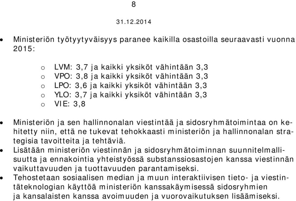 yksiköt vähintään 3,3 o YLO: 3,7 ja kaikki yksiköt vähintään 3,3 o VIE: 3,8 Ministeriön ja sen hallinnonalan viestintää ja sidosryhmätoimintaa on kehitetty niin, että ne tukevat tehokkaasti