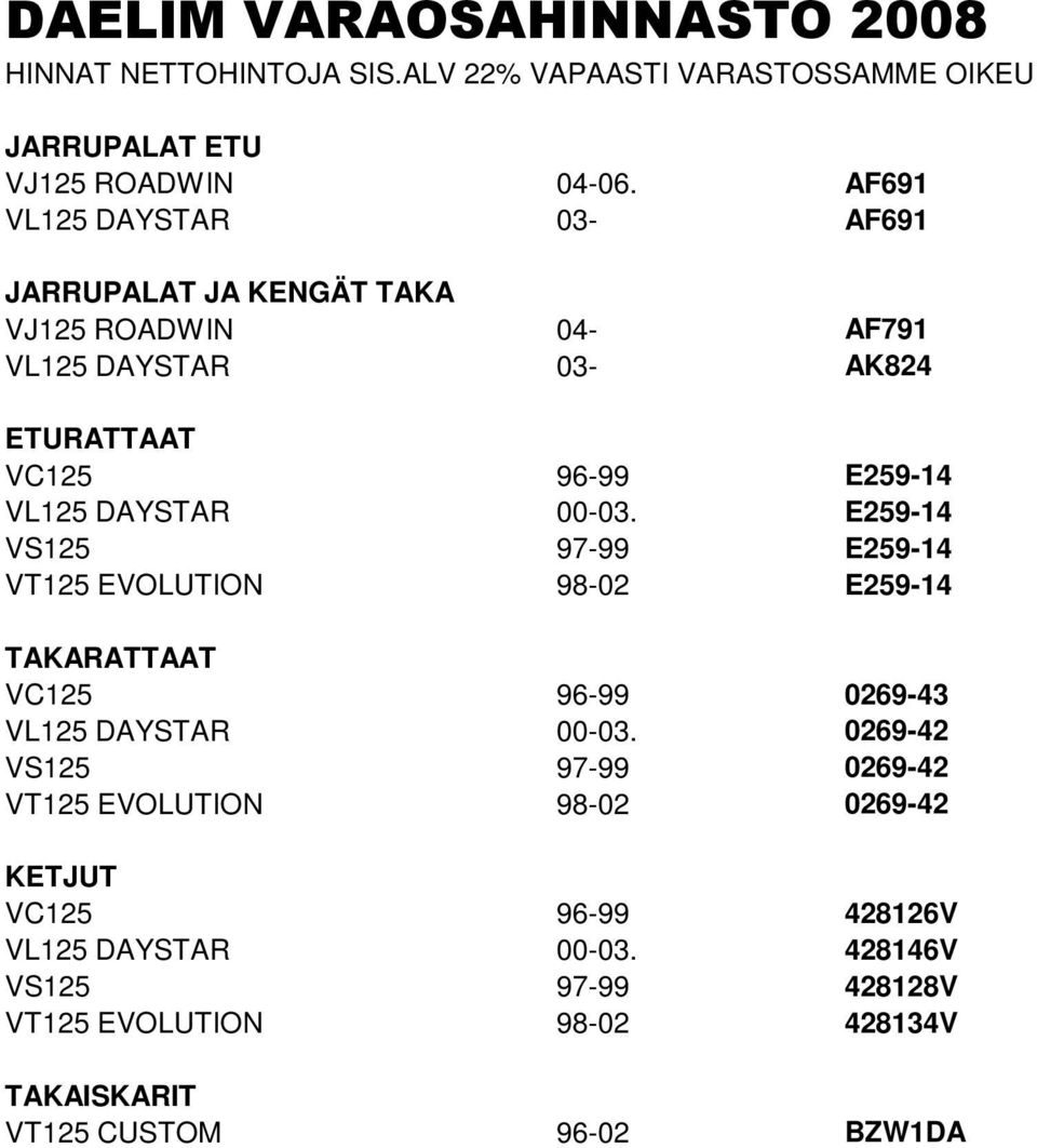 E259-14 VS125 97-99 E259-14 VT125 EVOLUTION 98-02 E259-14 TAKARATTAAT VC125 96-99 0269-43 VL125 DAYSTAR 00-03.