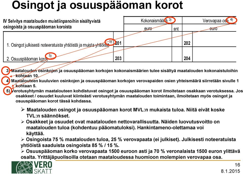 5) Verotusyhtymän maatalouteen kohdistuvat osingot ja osuuspääoman korot ilmoitetaan osakkaan verotuksessa.