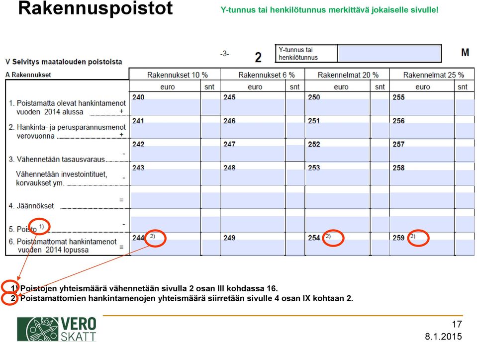 1) Poistojen yhteismäärä vähennetään sivulla 2 osan III