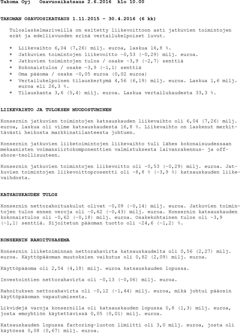 Jatkuvien toimintojen liikevoitto -0,53 (-0,29) milj. euroa.