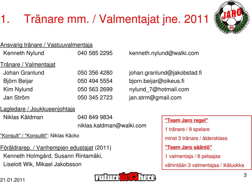 com Jan Ström 050 345 2723 jan.strm@gmail.com Lagledare / Joukkueenjohtaja Niklas Käldman 040 849 9834 niklas.kaldman@walki.com "Konsult" / "Konsultti": Niklas Käcko Föräldrarep.