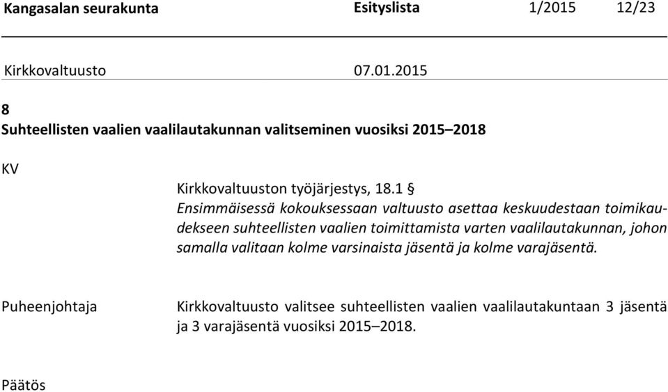 1 Ensimmäisessä kokouksessaan valtuusto asettaa keskuudestaan toimikaudekseen suhteellis ten vaalien toimittamista