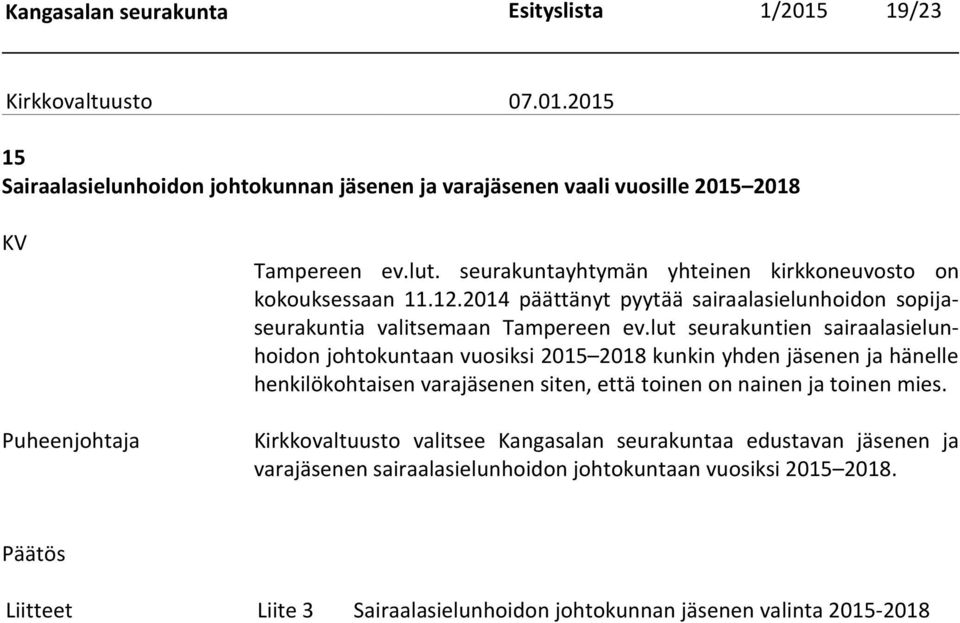 lut seurakuntien sairaalasielunhoidon johtokuntaan vuosiksi 2015 2018 kunkin yhden jäsenen ja hänelle henkilökohtaisen varajäsenen siten, että toinen on nainen ja toinen