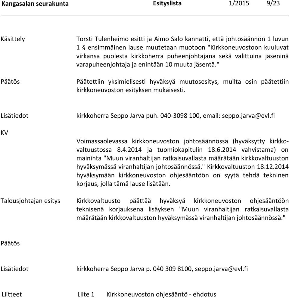 " Päätettiin yksimielisesti hyväksyä muutosesitys, muilta osin päätettiin kirkkoneuvoston esityksen mukaisesti. Lisätiedot kirkkoherra Seppo Jarva puh. 040-3098 100, email: seppo.jarva@evl.