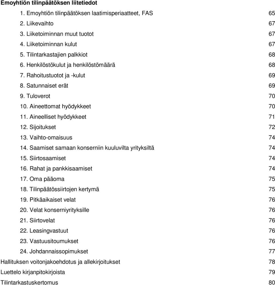 Aineelliset hyödykkeet 71 12. Sijoitukset 72 13. Vaihto-omaisuus 74 14. Saamiset samaan konserniin kuuluvilta yrityksiltä 74 15. Siirtosaamiset 74 16. Rahat ja pankkisaamiset 74 17. Oma pääoma 75 18.