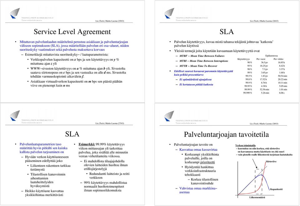 eri osa alueet, niiden suorituskyky vaatimukset sekä palvelusta maksettava korvaus Esimerkkejä mitattavista suorituskyky / laatuparametreista: Verkkopalvelun kapasiteetti on x bps ja sen käytettävyys