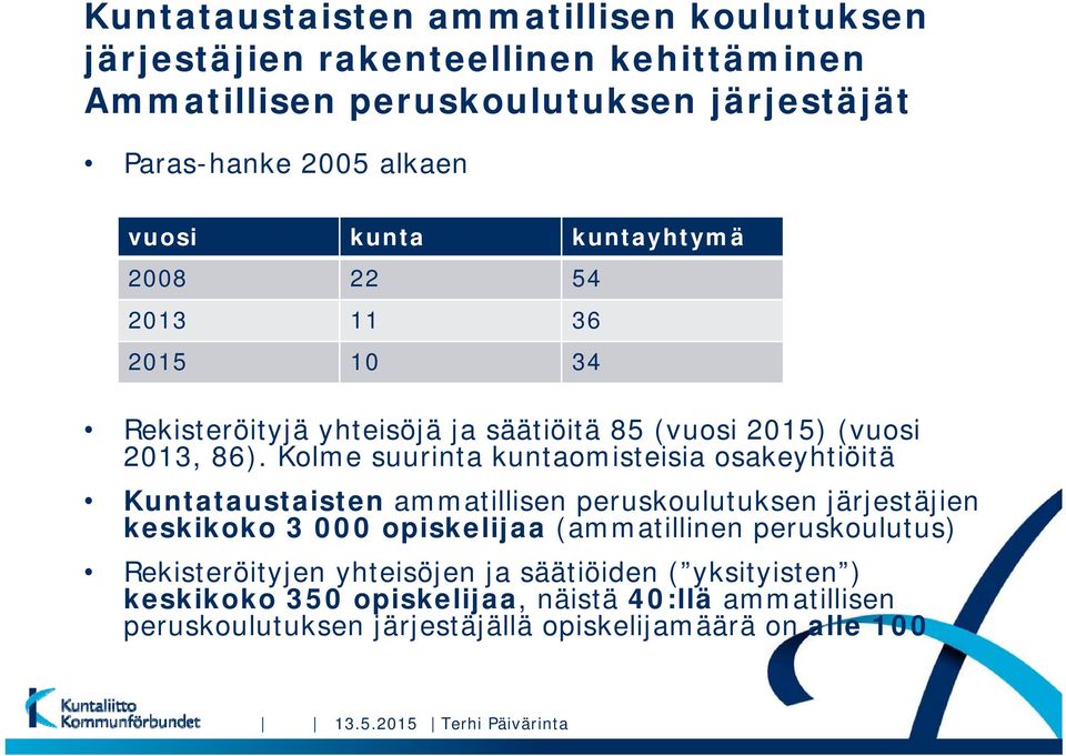 Kolme suurinta kuntaomisteisia osakeyhtiöitä Kuntataustaisten ammatillisen peruskoulutuksen järjestäjien keskikoko 3 000 opiskelijaa (ammatillinen