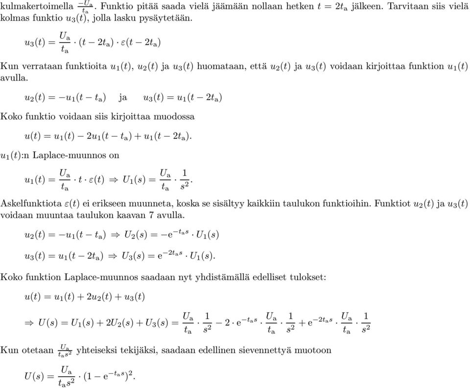 (t) (t ) ja 3 (t) (t ) Koo fntio voidaan ii irjoittaa modoa (t) (t) (t )+ (t ). (t):n aplace-mnno on (t) t ε(t) U (). Aelfntiota ε(t) ei erieen mnneta, oa e iältyy aiiin talon fntioihin.