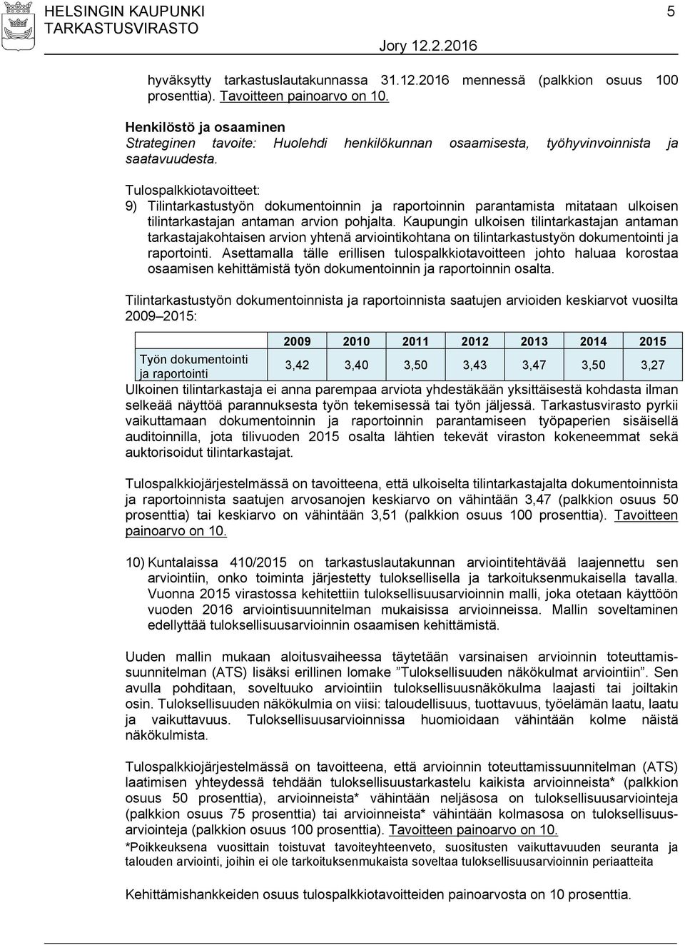 9) Tilintarkastustyön dokumentoinnin ja raportoinnin parantamista mitataan ulkoisen tilintarkastajan antaman arvion pohjalta.