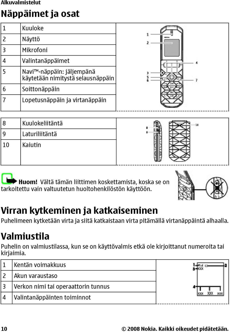 Virran kytkeminen ja katkaiseminen Puhelimeen kytketään virta ja siitä katkaistaan virta pitämällä virtanäppäintä alhaalla.