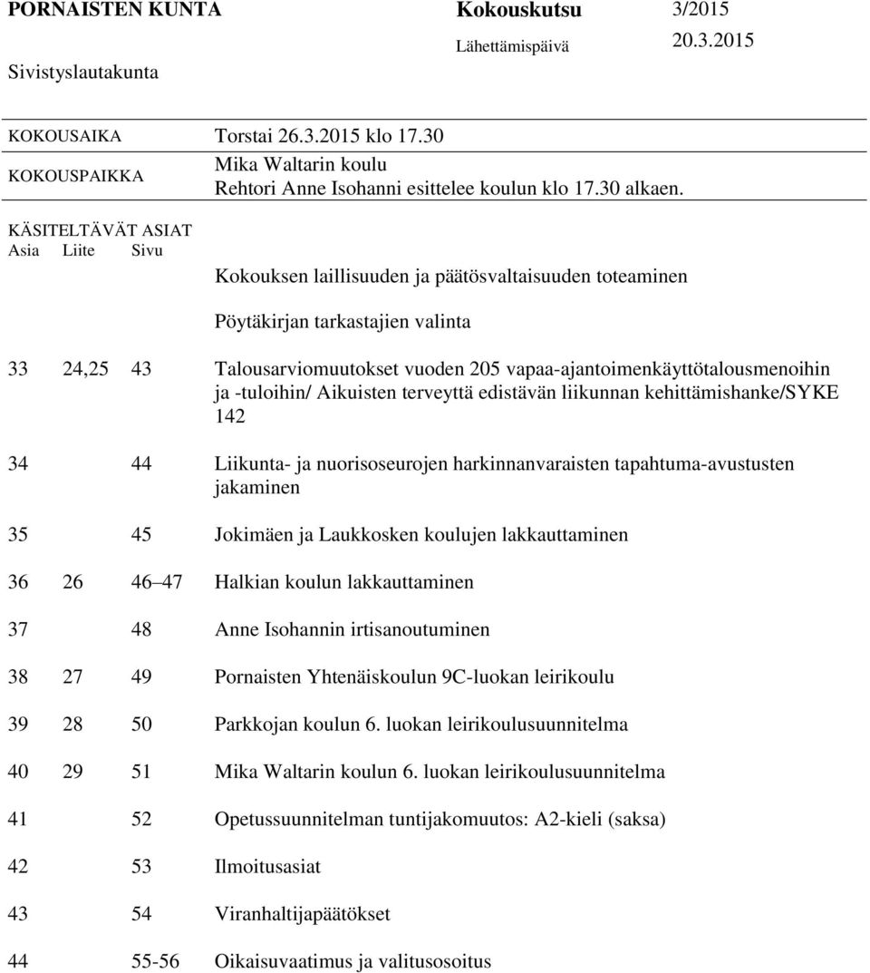 KÄSITELTÄVÄT ASIAT Asia Liite Sivu Kokouksen laillisuuden ja päätösvaltaisuuden toteaminen Pöytäkirjan tarkastajien valinta 33 24,25 43 Talousarviomuutokset vuoden 205