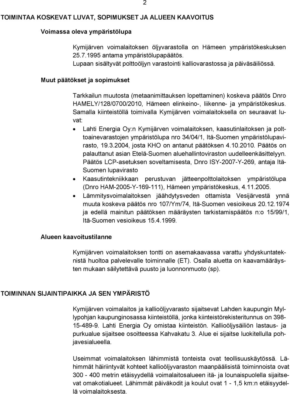 Muut päätökset ja sopimukset Tarkkailun muutosta (metaanimittauksen lopettaminen) koskeva päätös Dnro HAMELY/128/0700/2010, Hämeen elinkeino-, liikenne- ja ympäristökeskus.