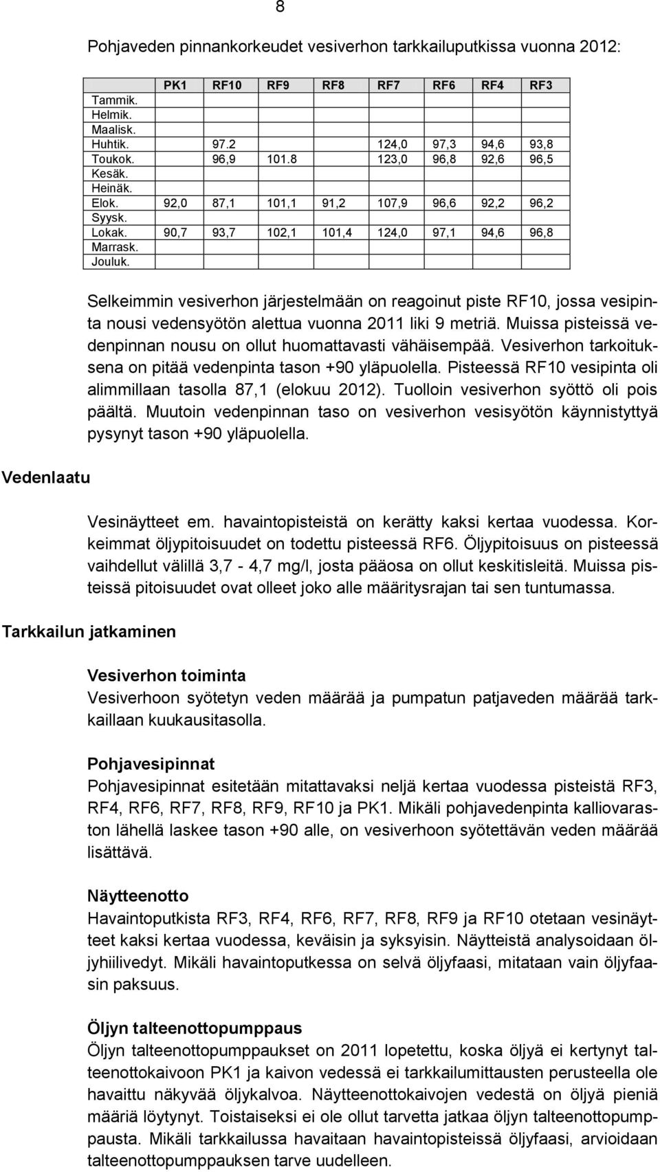 Vedenlaatu Selkeimmin vesiverhon järjestelmään on reagoinut piste RF10, jossa vesipinta nousi vedensyötön alettua vuonna 2011 liki 9 metriä.