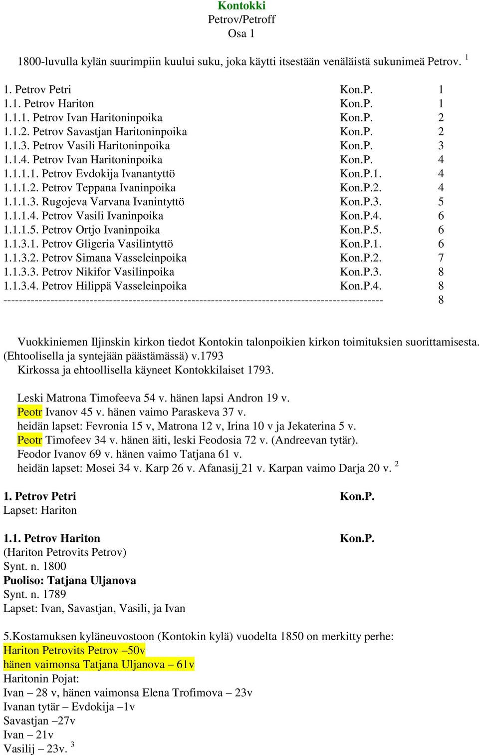 P.2. 4 1.1.1.3. Rugojeva Varvana Ivanintyttö Kon.P.3. 5 1.1.1.4. Petrov Vasili Ivaninpoika Kon.P.4. 6 1.1.1.5. Petrov Ortjo Ivaninpoika Kon.P.5. 6 1.1.3.1. Petrov Gligeria Vasilintyttö Kon.P.1. 6 1.1.3.2. Petrov Simana Vasseleinpoika Kon.