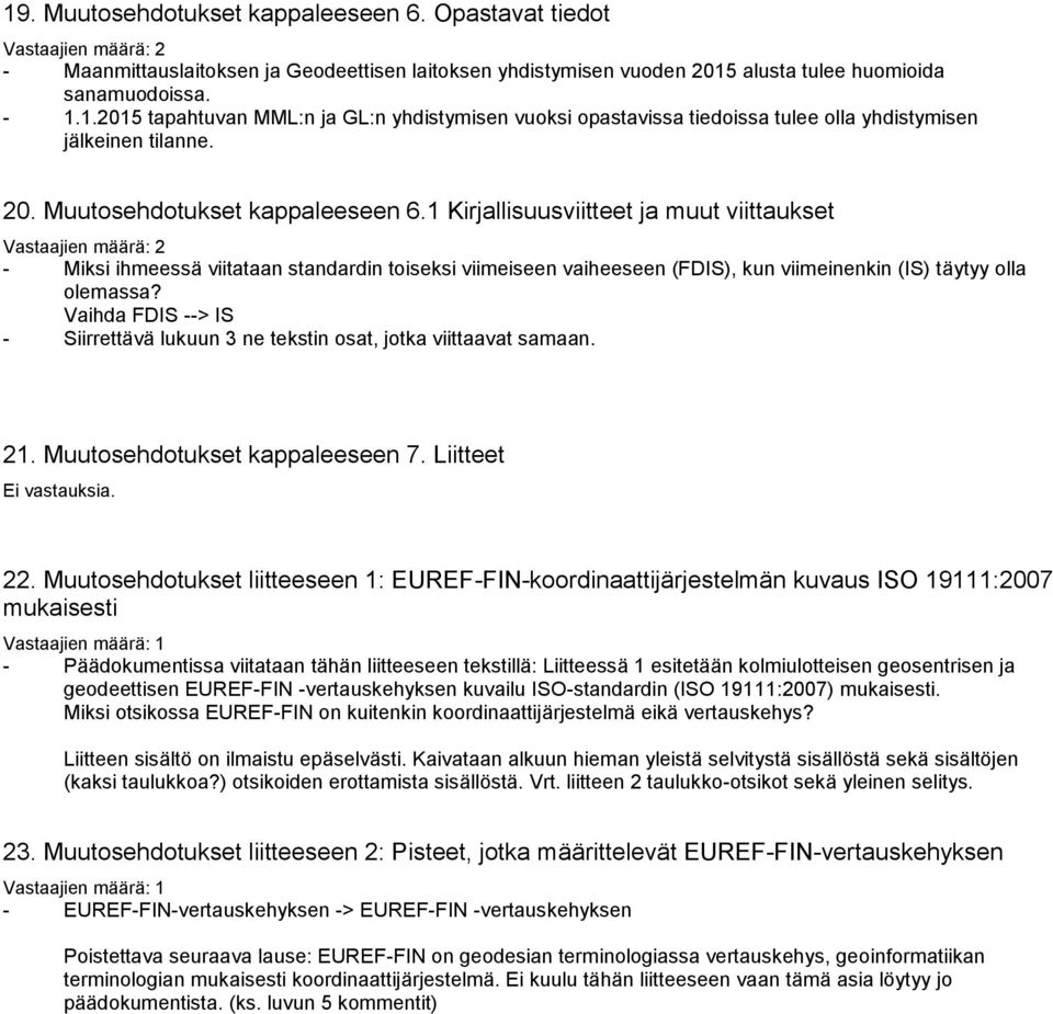 Vaihda FDIS --> IS - Siirrettävä lukuun 3 ne tekstin osat, jotka viittaavat samaan. 21. Muutosehdotukset kappaleeseen 7. Liitteet 22.