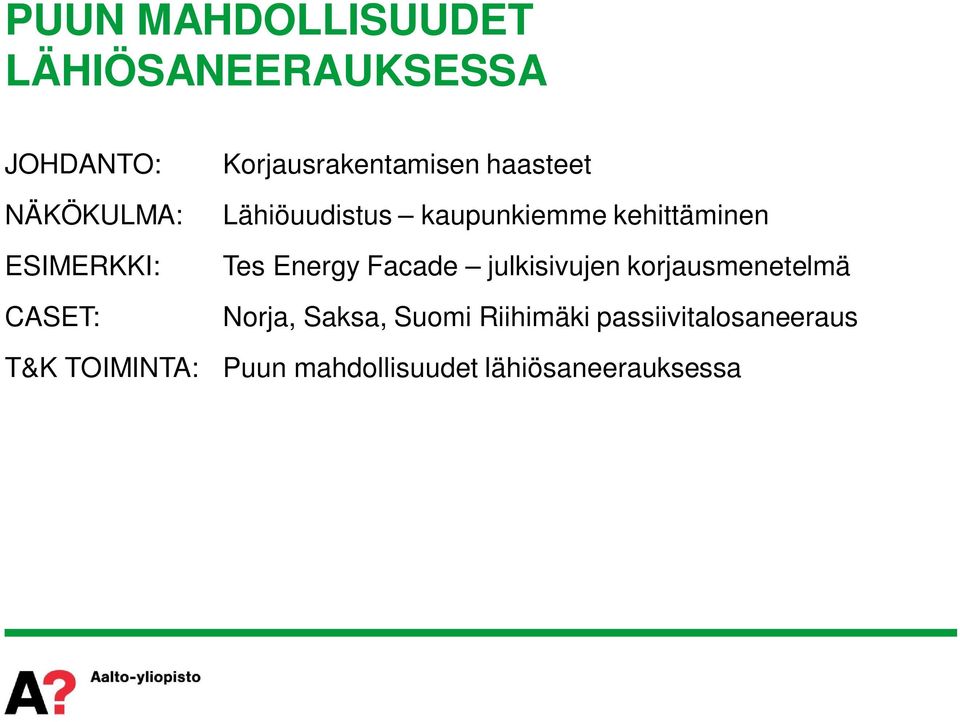 CASET: T&K TOIMINTA: Tes Energy Facade julkisivujen korjausmenetelmä Norja,