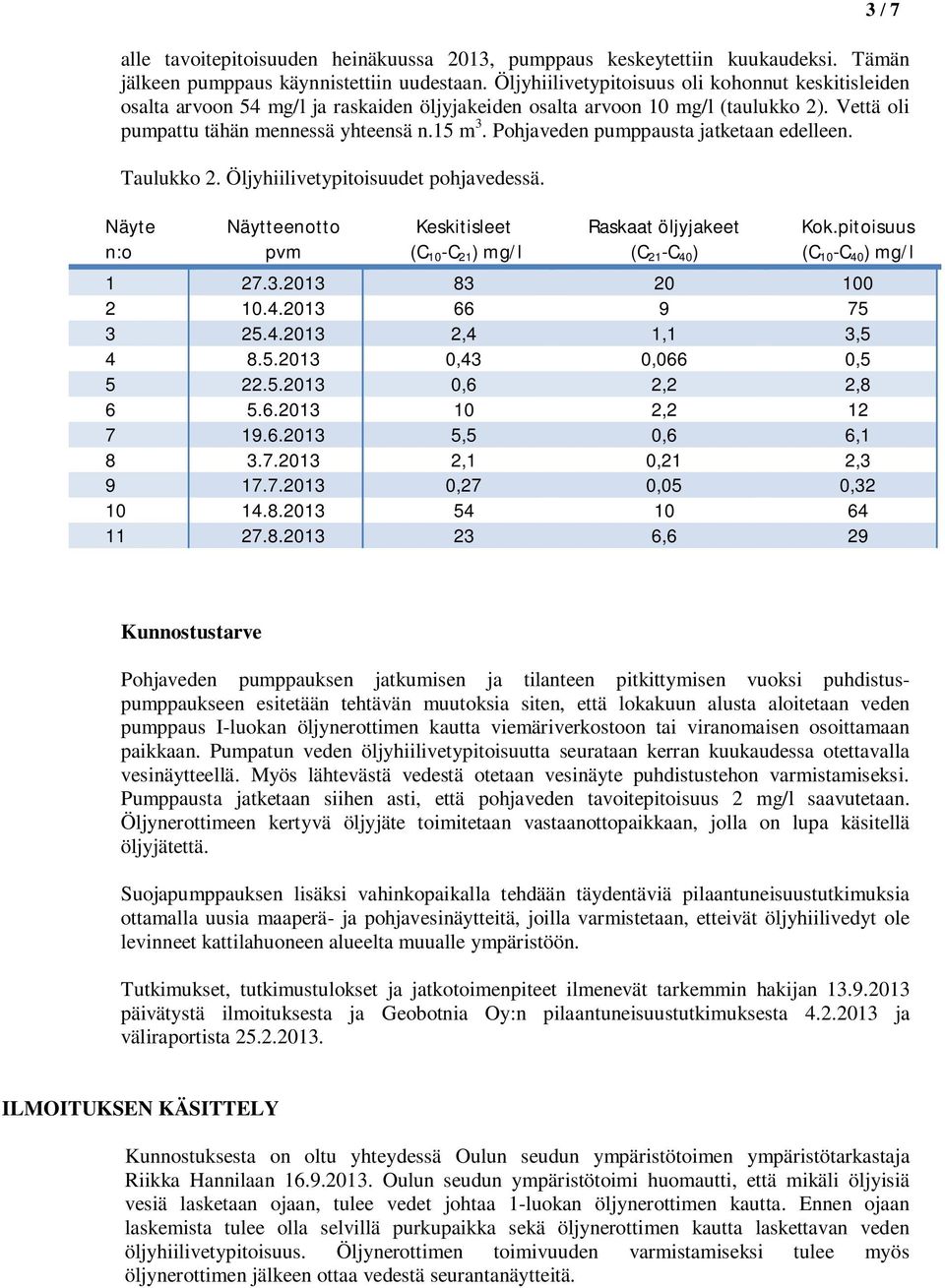 Pohjaveden pumppausta jatketaan edelleen. Taulukko 2. Öljyhiilivetypitoisuudet pohjavedessä. Näyte n:o Näytteenotto pvm Keskitisleet (C 10 -C 21 ) mg/l Raskaat öljyjakeet (C 21 -C 40 ) Kok.