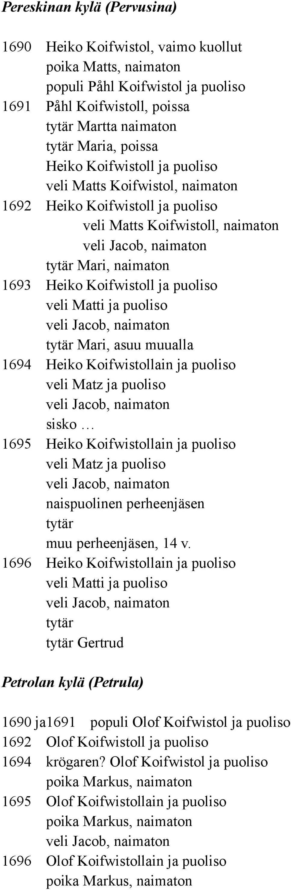 tytär Mari, asuu muualla 1694 Heiko Koifwistollain ja puoliso sisko 1695 Heiko Koifwistollain ja puoliso naispuolinen perheenjäsen tytär muu perheenjäsen, 14 v.