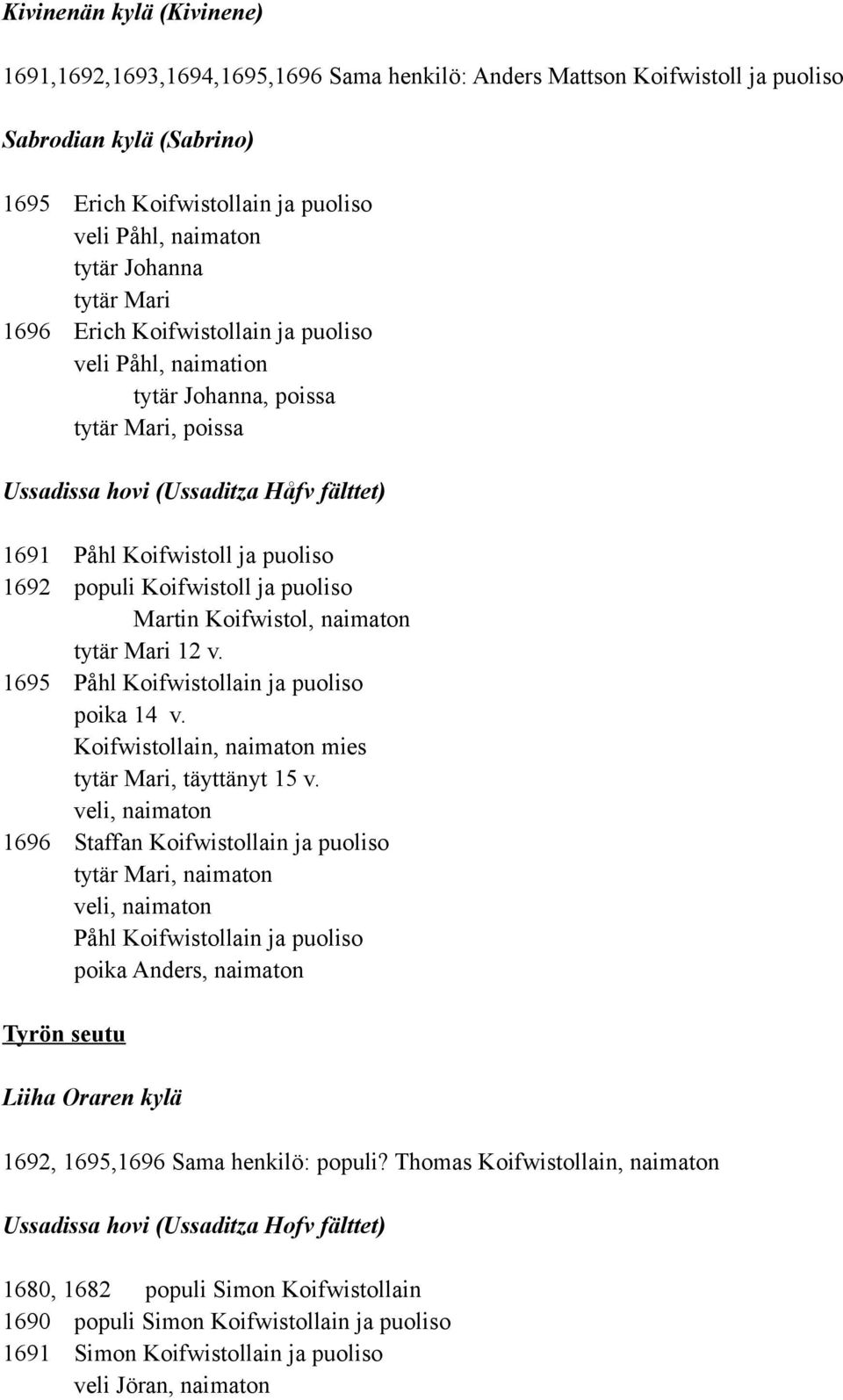populi Koifwistoll ja puoliso Martin Koifwistol, naimaton tytär Mari 12 v. 1695 Påhl Koifwistollain ja puoliso poika 14 v. Koifwistollain, naimaton mies tytär Mari, täyttänyt 15 v.