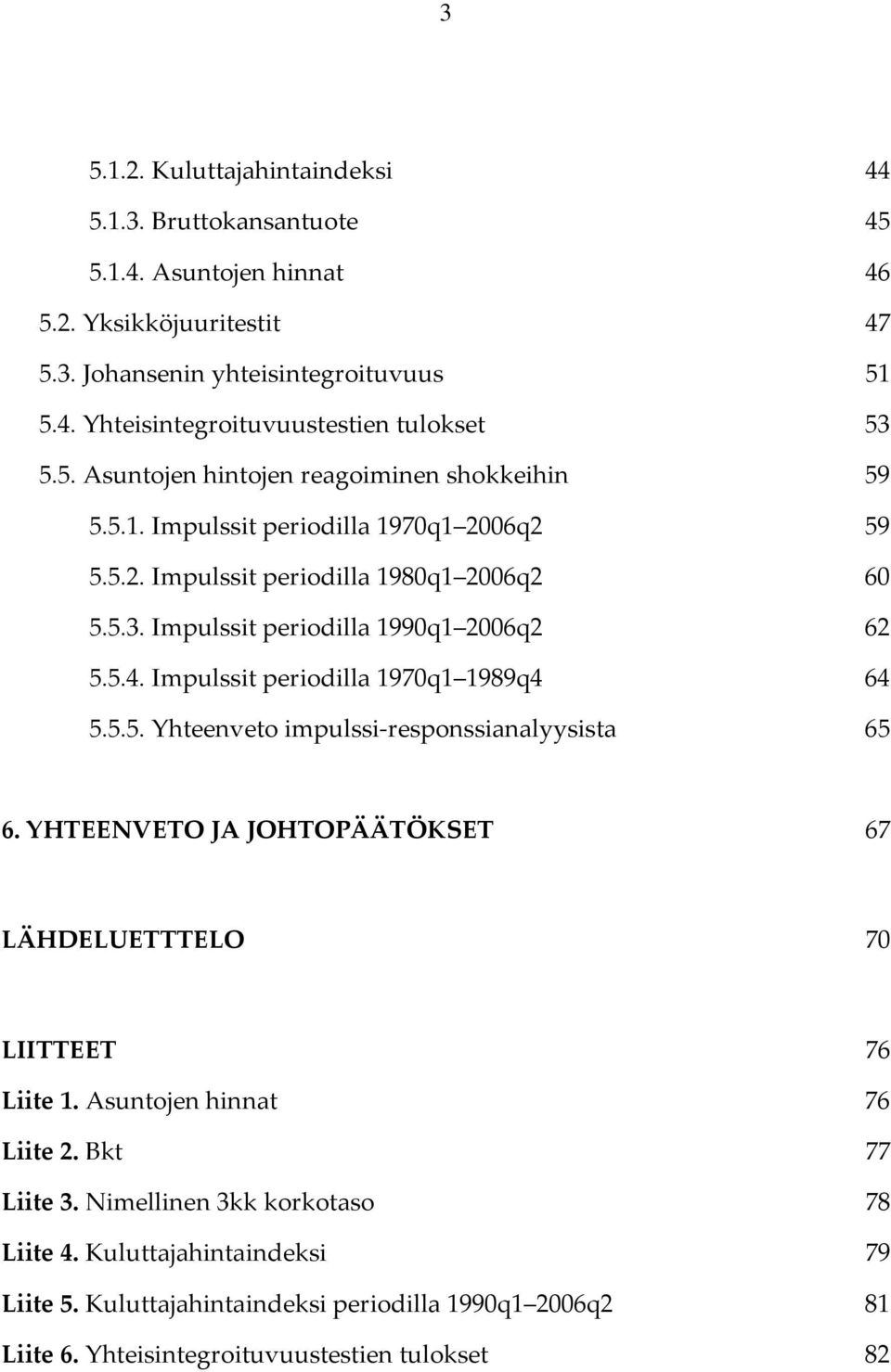 Impulssit periodilla 1970q1 1989q4 64 5.5.5. Yhteenveto impulssi-responssianalyysista 65 6. YHTEENVETO JA JOHTOPÄÄTÖKSET 67 LÄHDELUETTTELO 70 LIITTEET 76 Liite 1. Asuntojen hinnat 76 Liite 2.